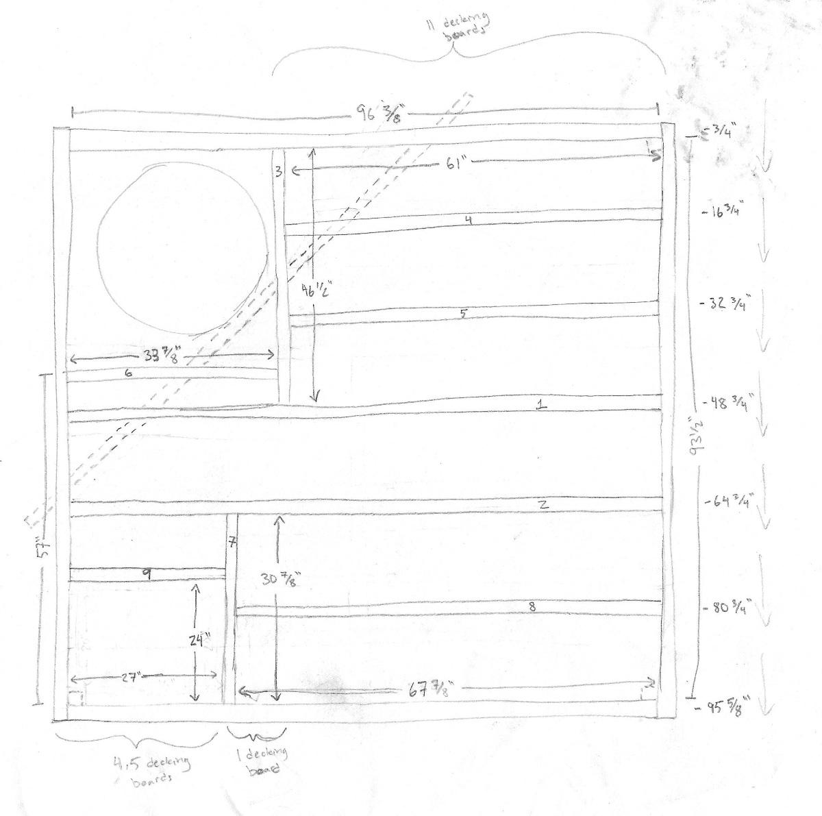 A planning sketch of the joists with the tree in the top left corner. They're spaced 16 inches apart on center and run horizontally. A header creates a 34-inch by 36-inch gap for the tree in the top left. Another header creates a 27-inch by 24-inch opening for the trap door in the bottom left corner.