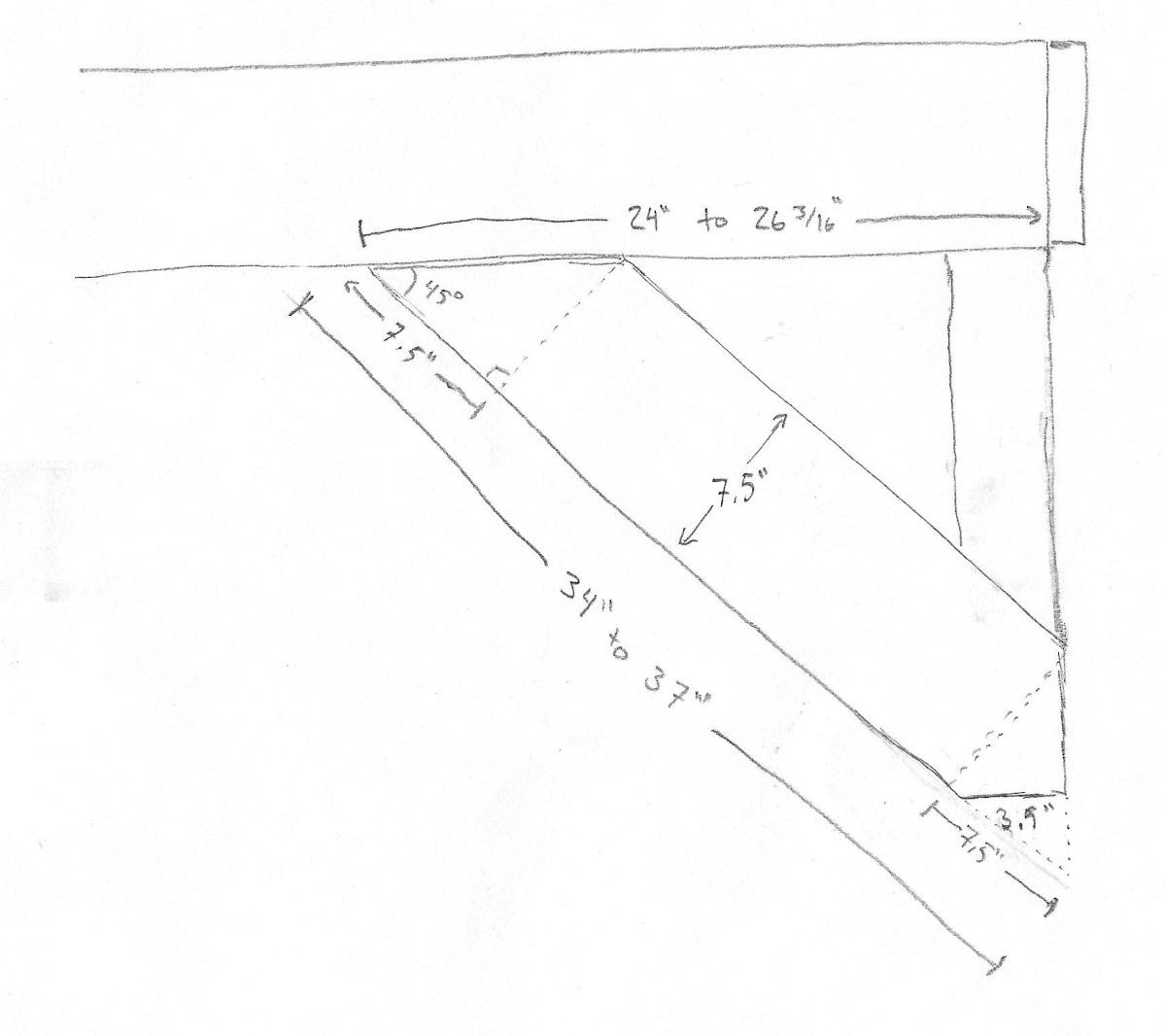 A planning sketch of a diagonal 2x8 support connecting the one side of the joist frame to the post at a 45 degree angle. The sketch indicates that the support will be 34 to 37 inches long, reaching 24 to 26 inches from the edge of the joist frame.