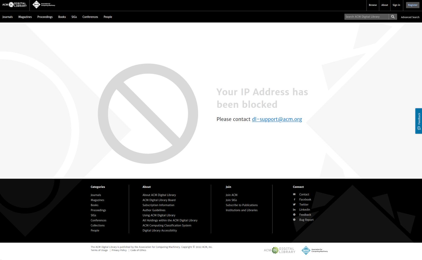 screenshot of the ACM website showing that my IP address is blocked with a support email listed for help